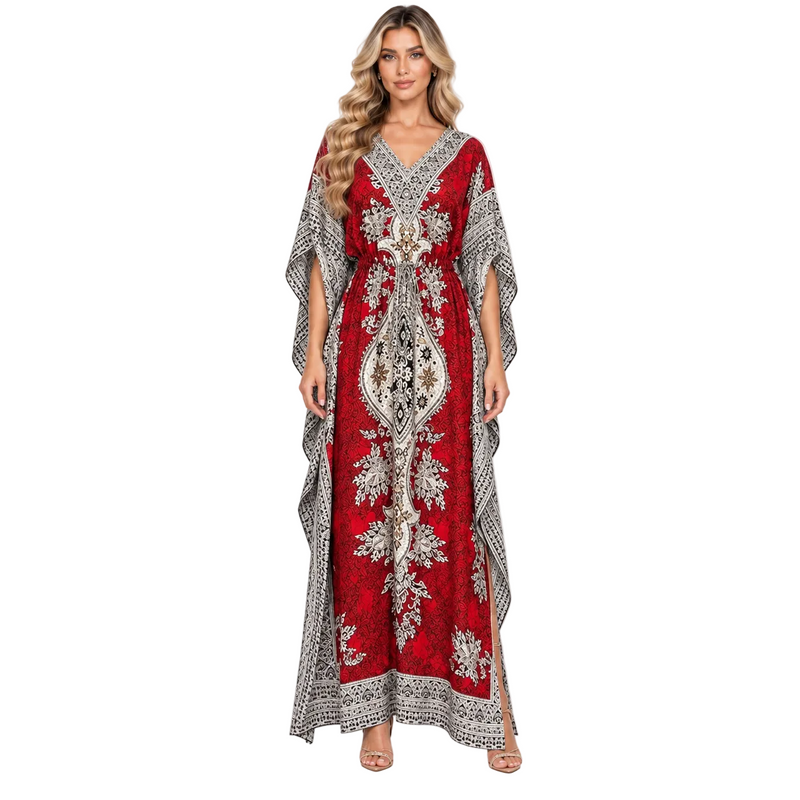 Red Ornate Paisley Printed Modern Kaftan-1