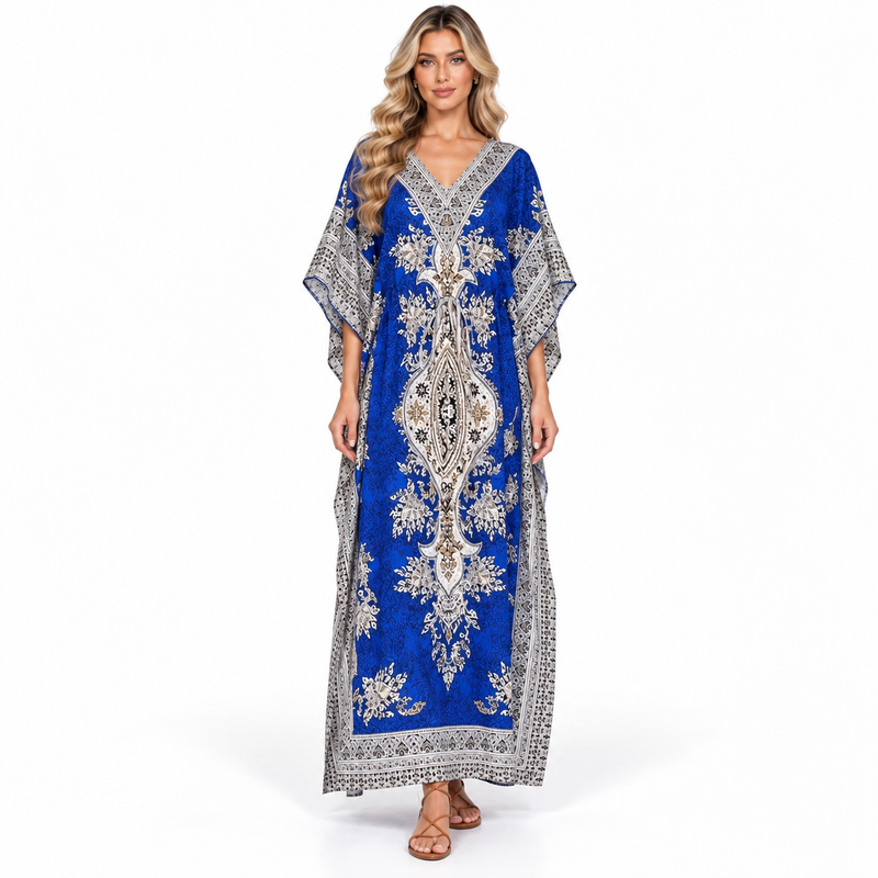 Royal Blue Printed Modern Kaftan Dress-1
