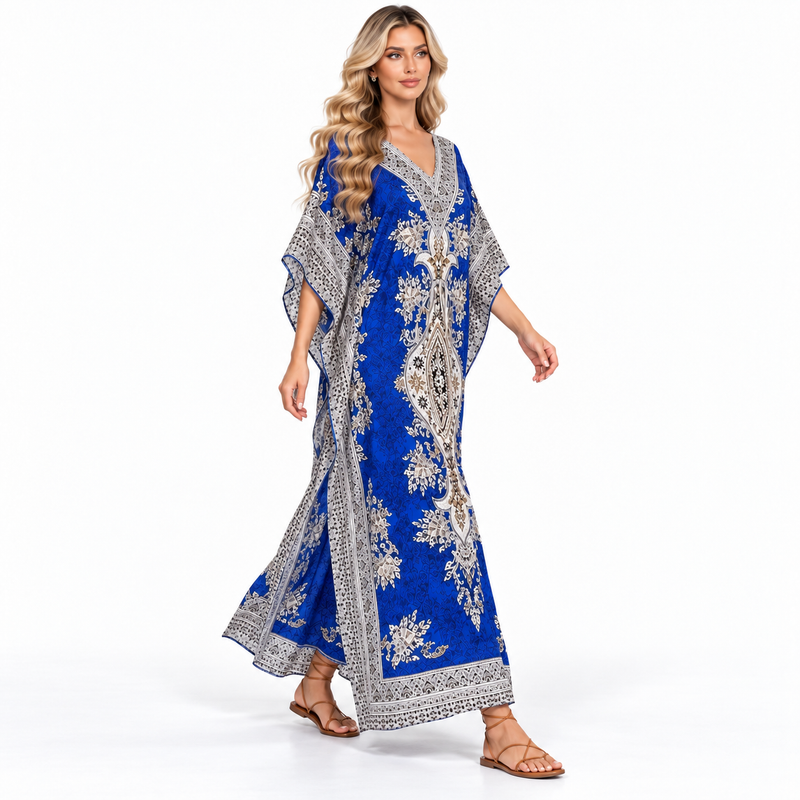 Royal Blue Printed Modern Kaftan Dress-2