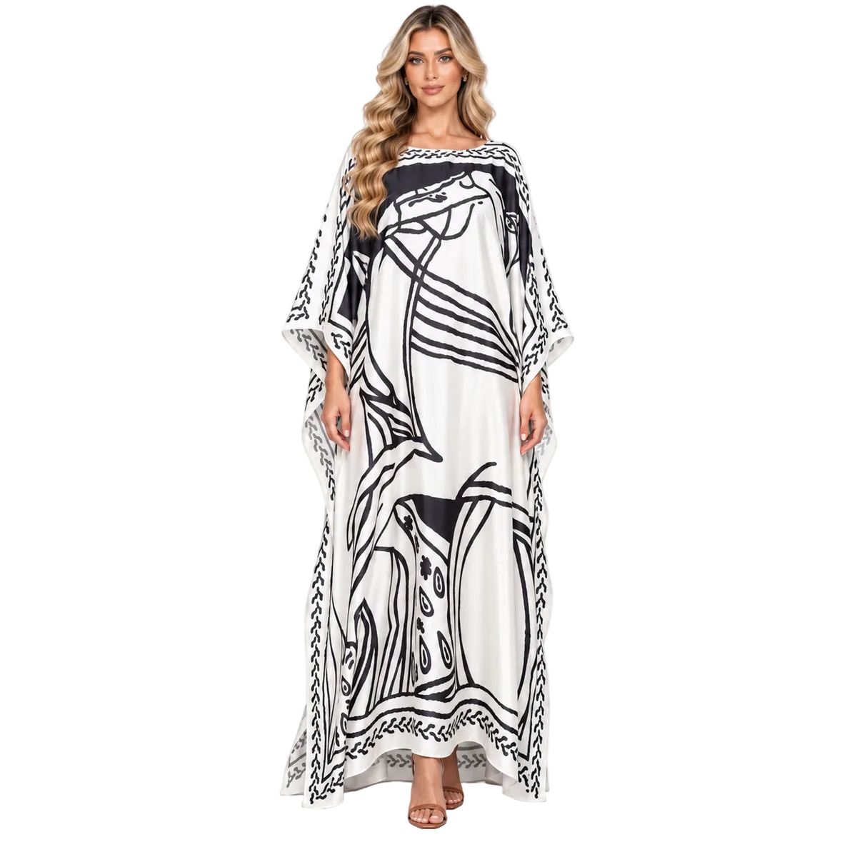 White Abstract Print Modern Kaftan Dress-1