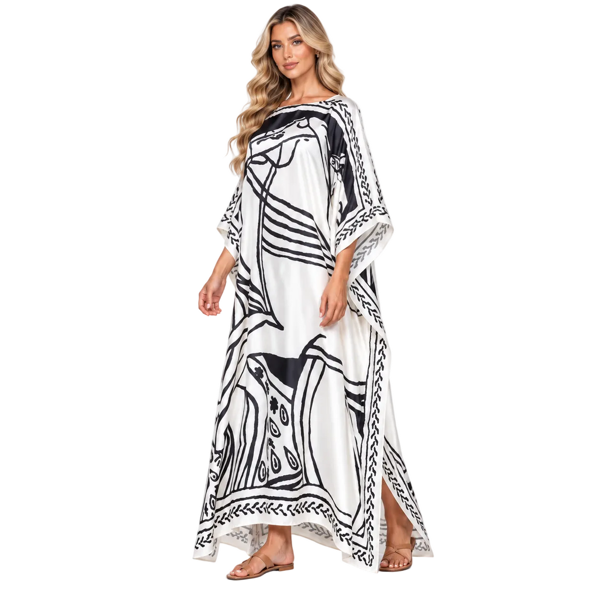 White Abstract Print Modern Kaftan Dress-2