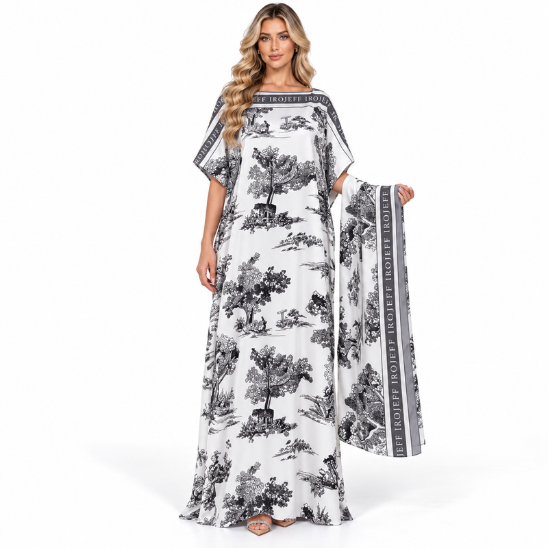 Elegant Monochrome Landscape Printed Modern Kaftan-1
