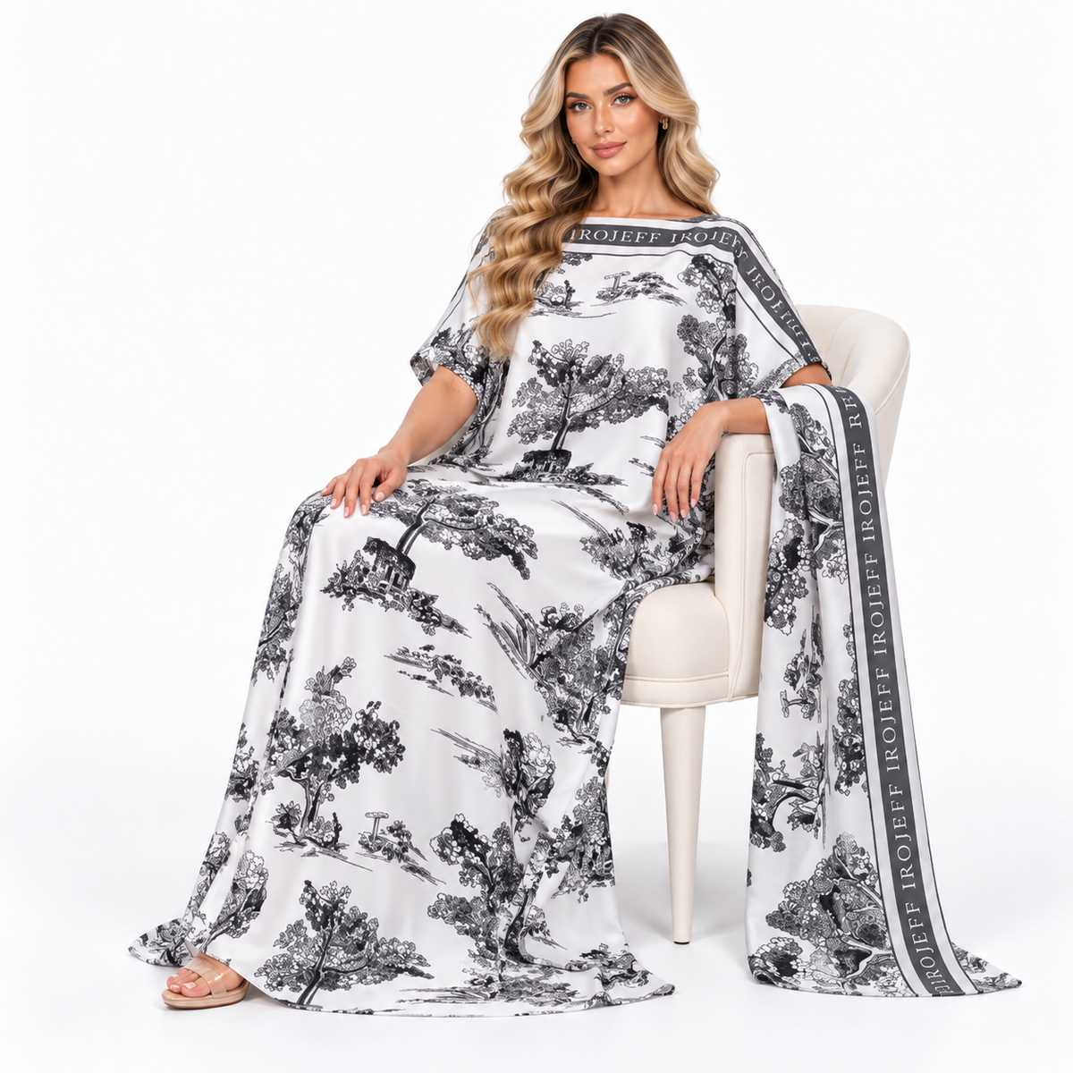 Elegant Monochrome Landscape Printed Modern Kaftan-2