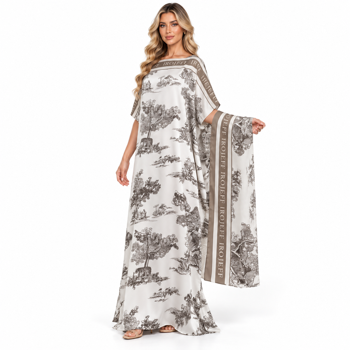 Ivory Scenic Print Elegant Modern Kaftan-2