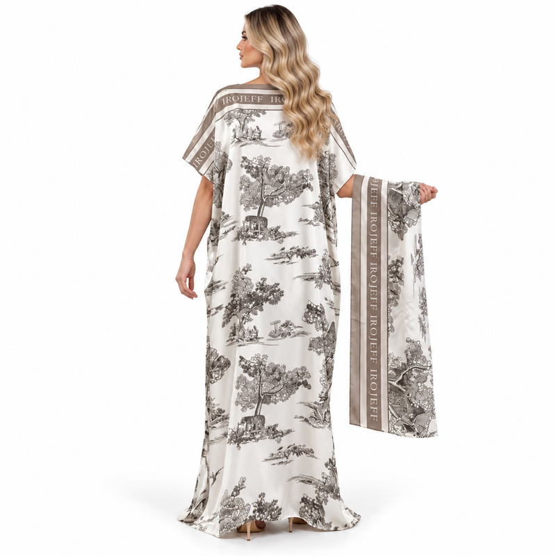 Ivory Scenic Print Elegant Modern Kaftan-4