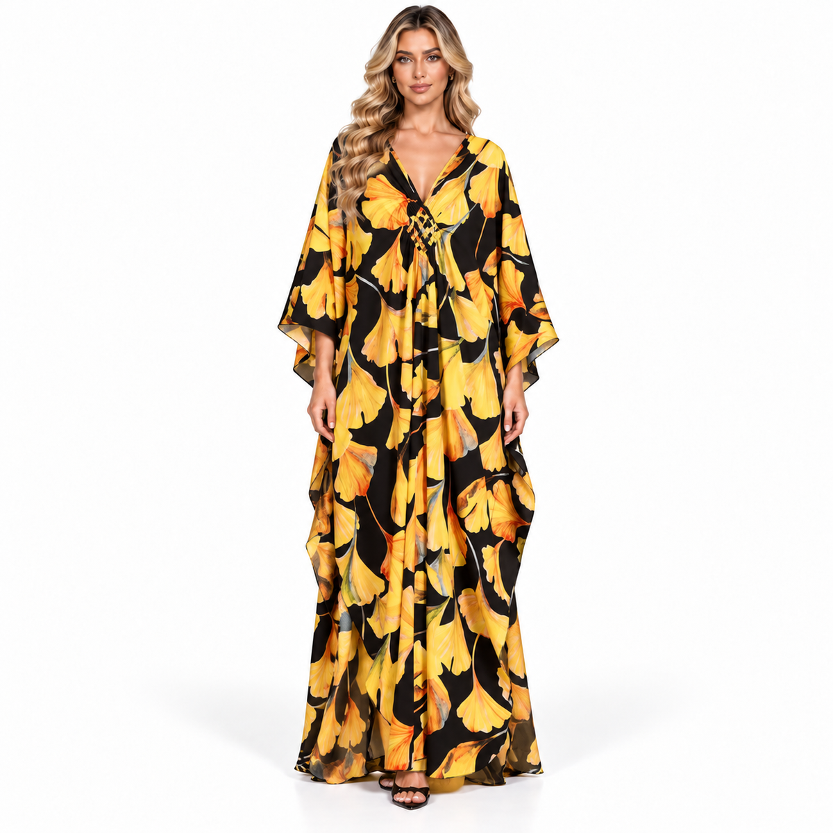 Elegant Yellow Floral Print Modern Kaftan-1