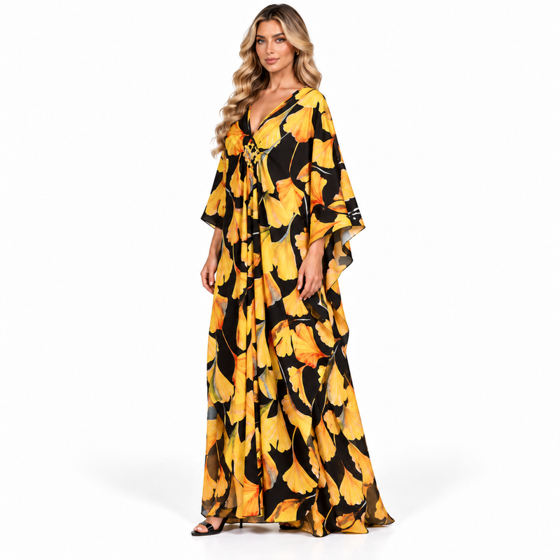 Elegant Yellow Floral Print Modern Kaftan-3