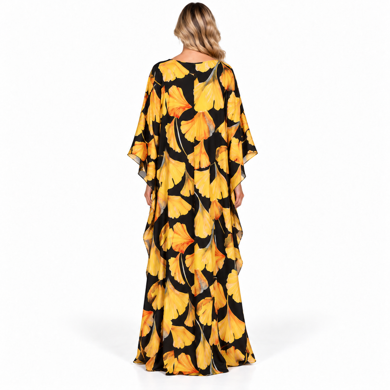 Elegant Yellow Floral Print Modern Kaftan-4