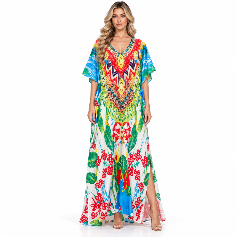 Vibrant Tropical Floral Printed Modern Kaftan-1