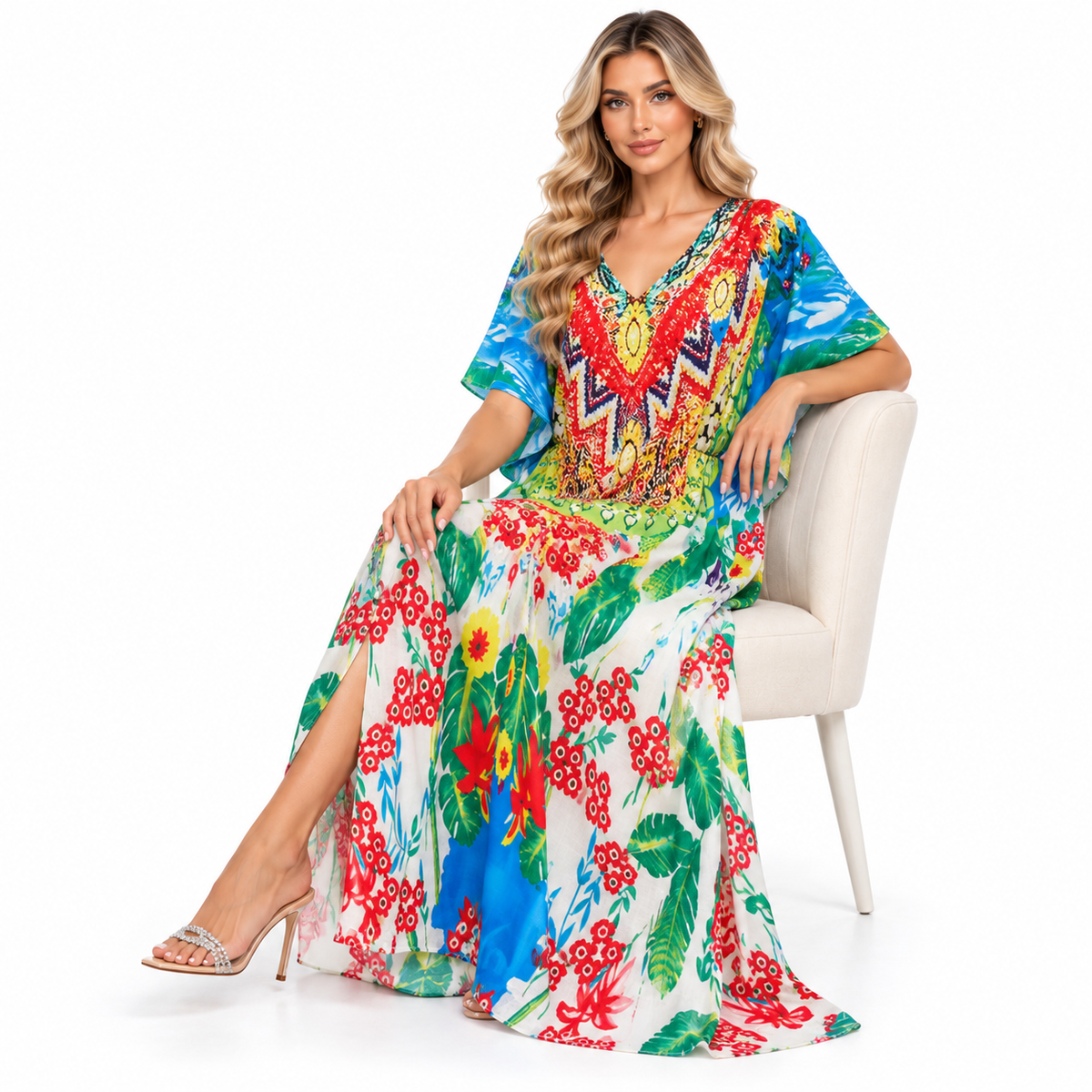Vibrant Tropical Floral Printed Modern Kaftan-2