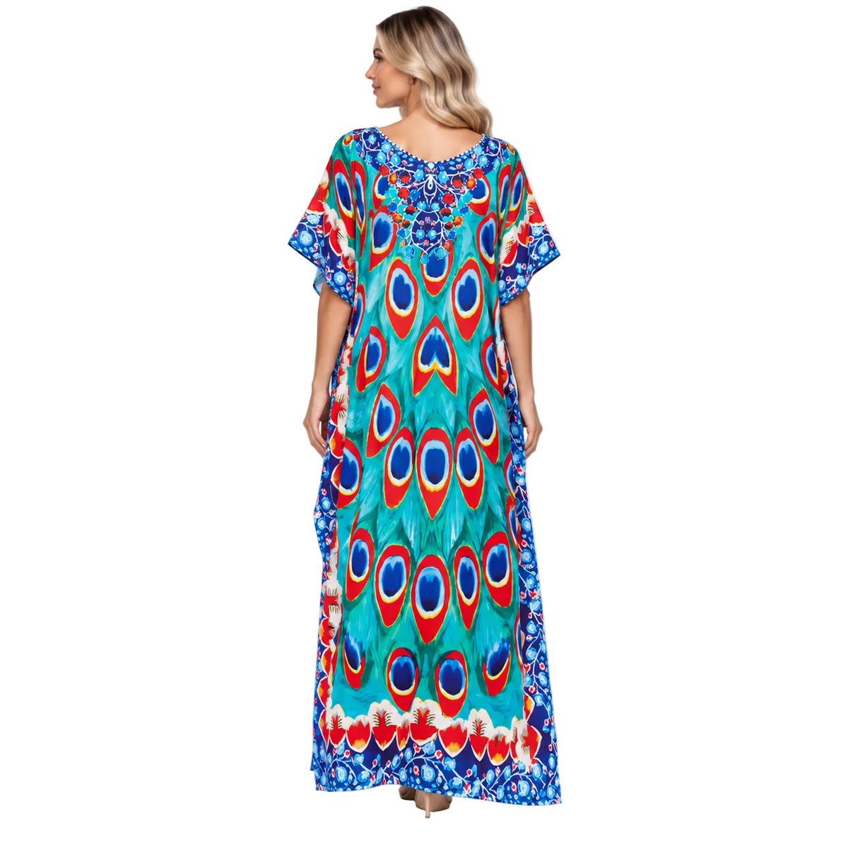 Turquoise Peacock Print Elegant Modern Kaftan-4