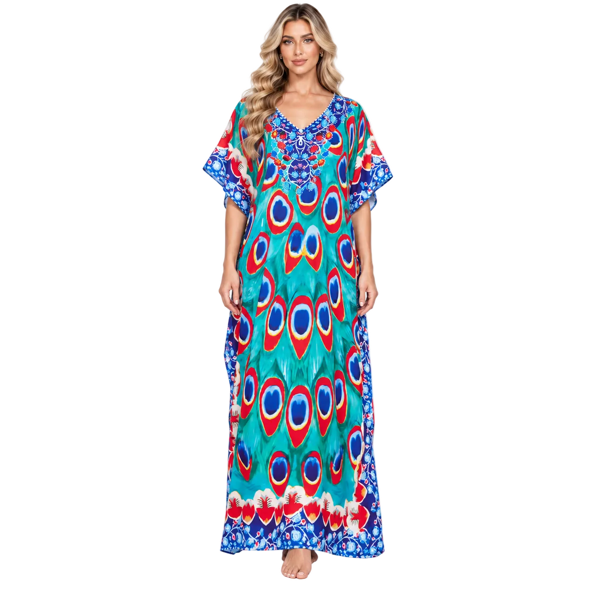 Turquoise Peacock Print Elegant Modern Kaftan-1