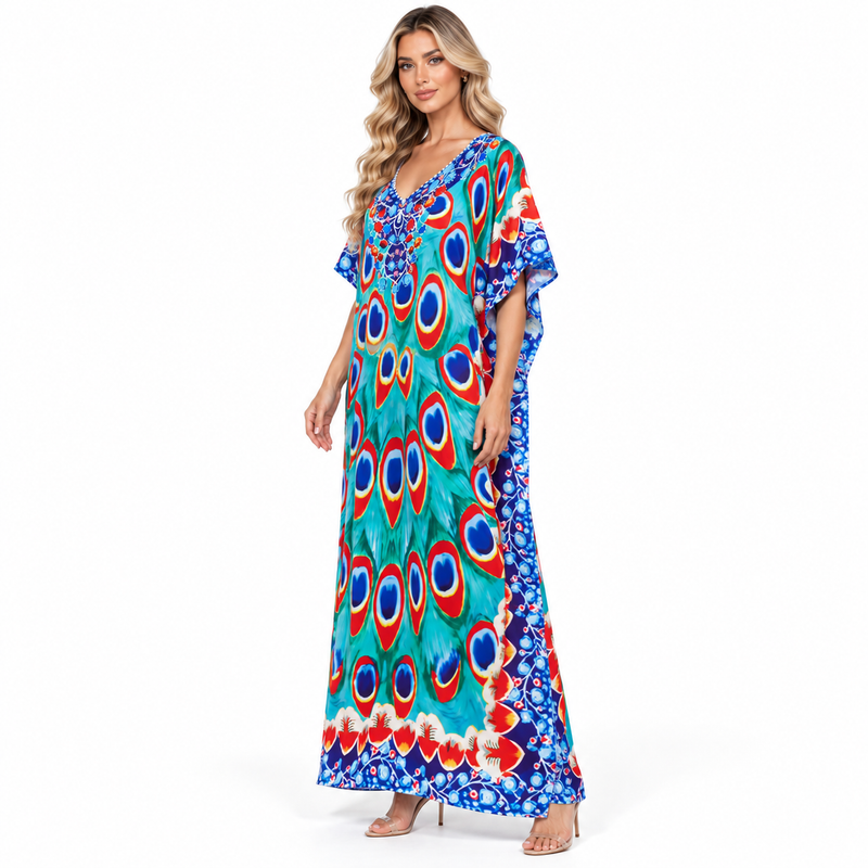 Turquoise Peacock Print Elegant Modern Kaftan-2