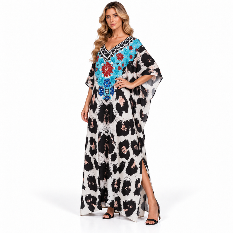 Elegant Turquoise Floral Print Modern Kaftan-2