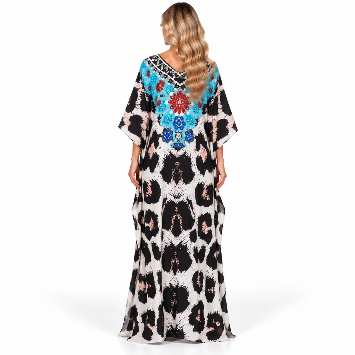 Elegant Turquoise Floral Print Modern Kaftan-4