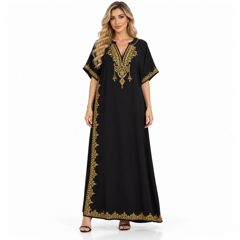 Elegant Black Gold Embroidered Modern Kaftan-1