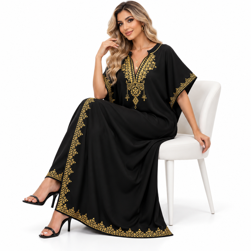 Elegant Black Gold Embroidered Modern Kaftan-3