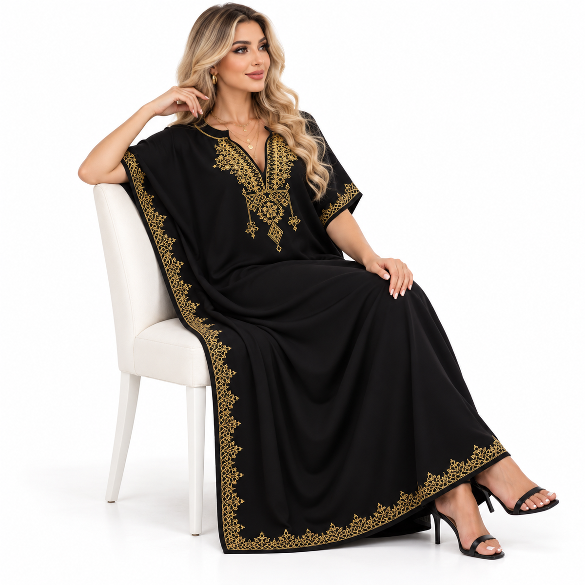 Elegant Black Gold Embroidered Modern Kaftan-2