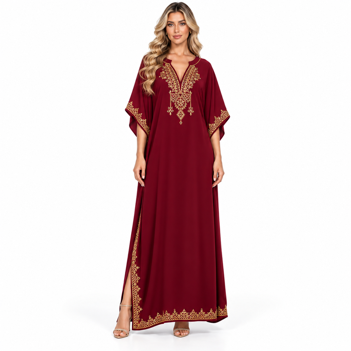 Wine Red Gold Embroidered Modern Kaftan-1