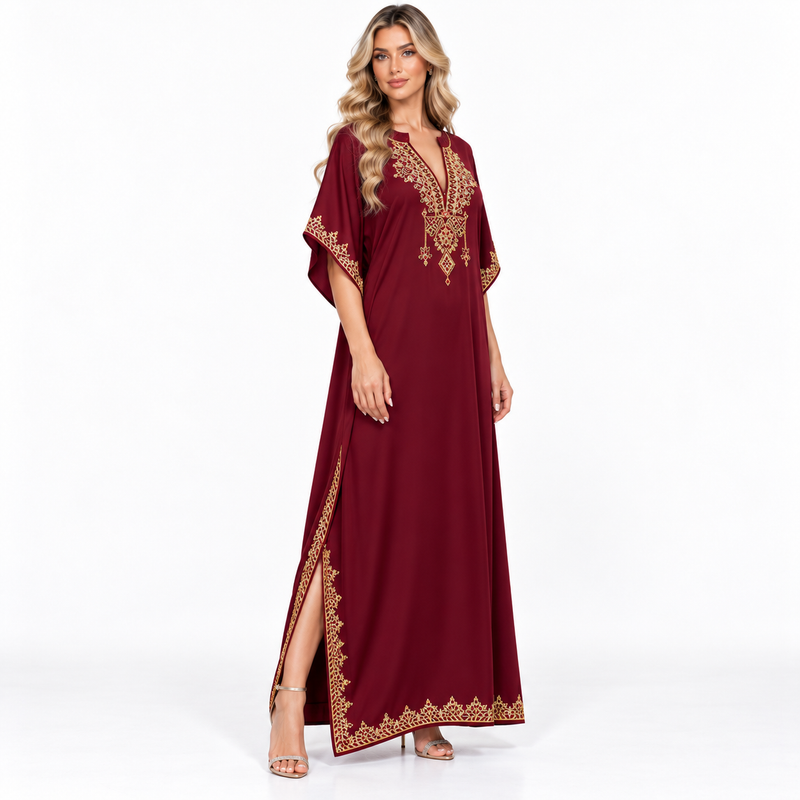 Wine Red Gold Embroidered Modern Kaftan-3