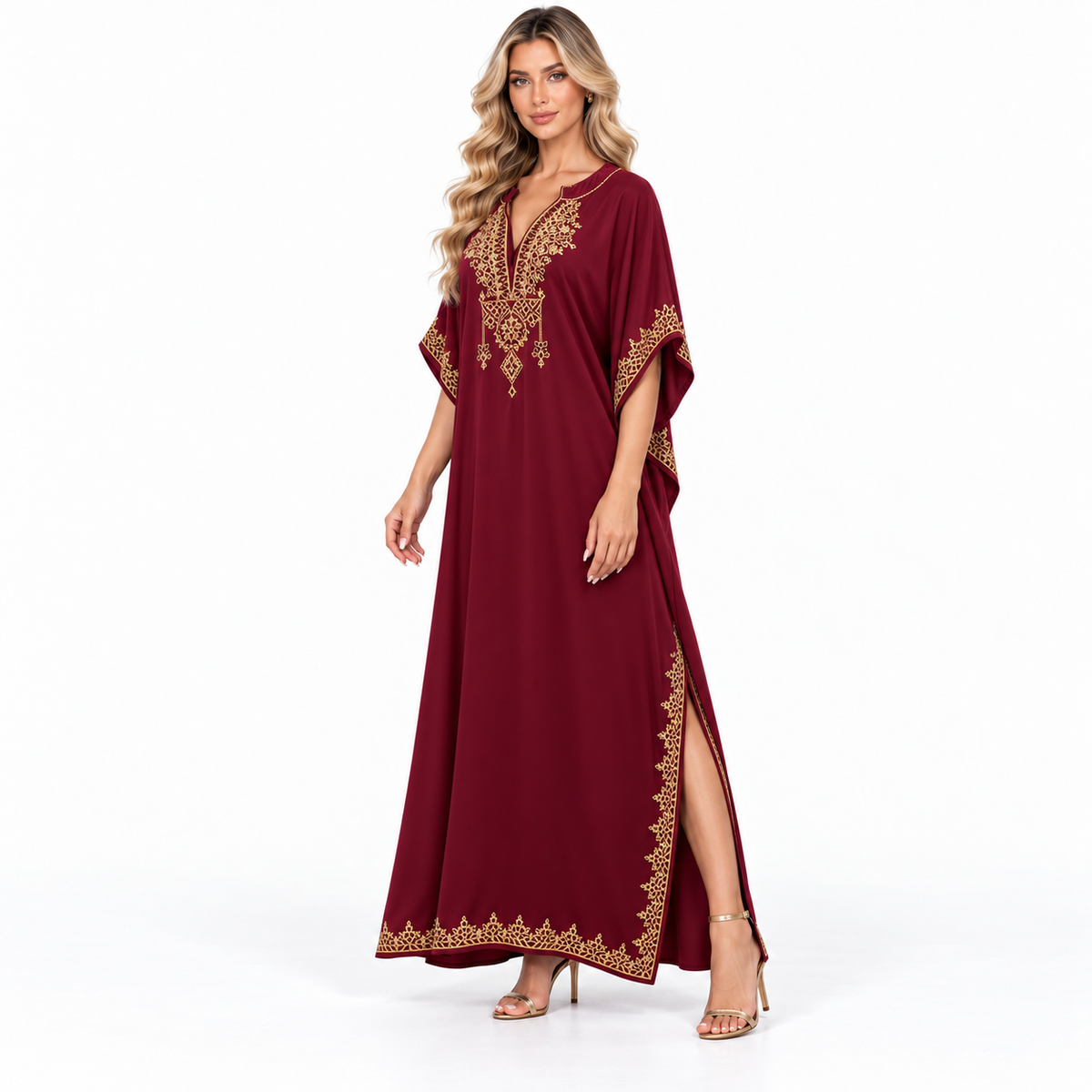 Wine Red Gold Embroidered Modern Kaftan-2
