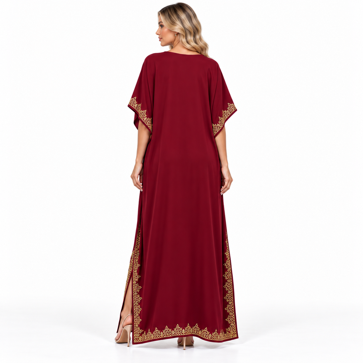 Wine Red Gold Embroidered Modern Kaftan-4
