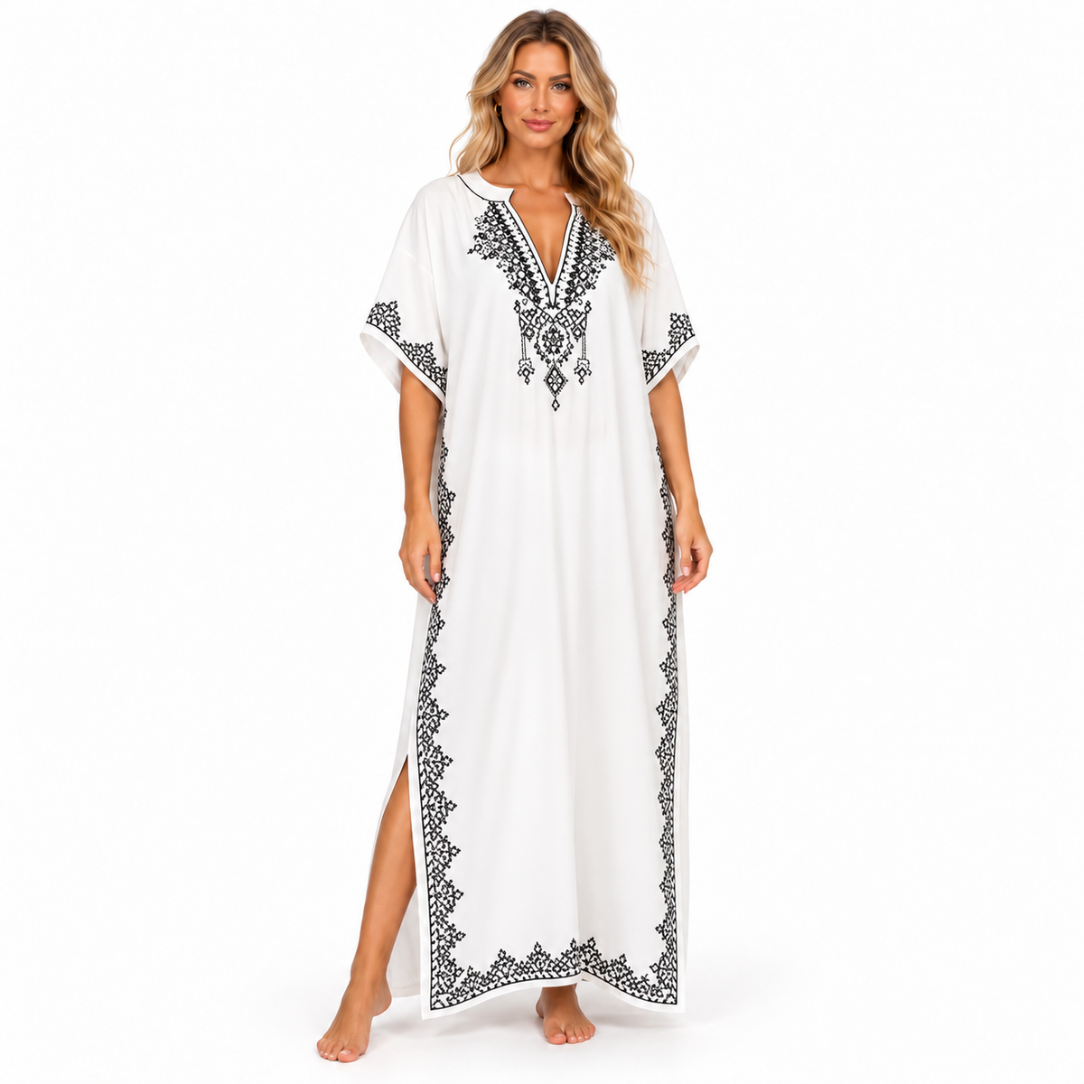 Elegant White Black Embroidered Modern Kaftan-1