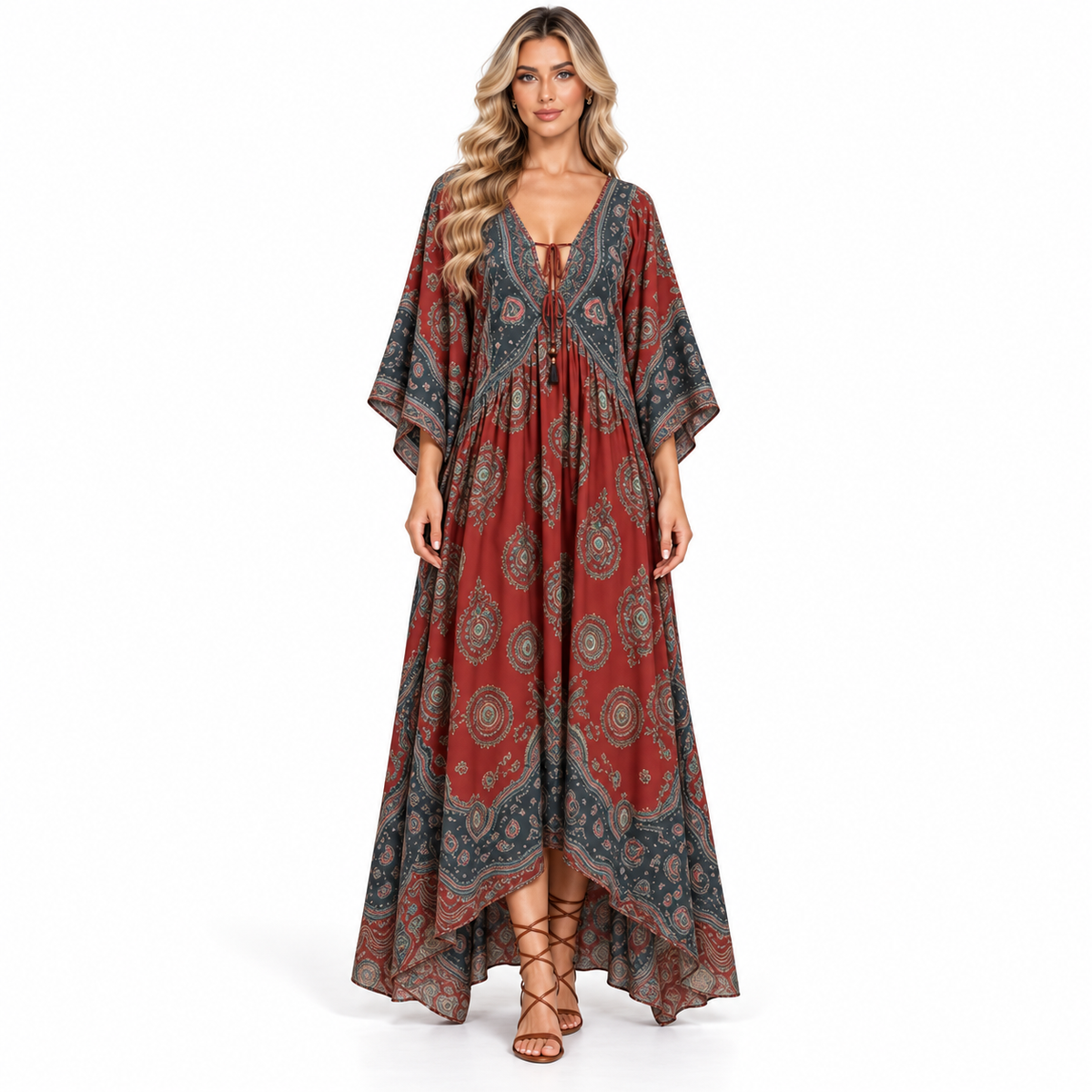 Rust Red Paisley Print Modern Kaftan-1