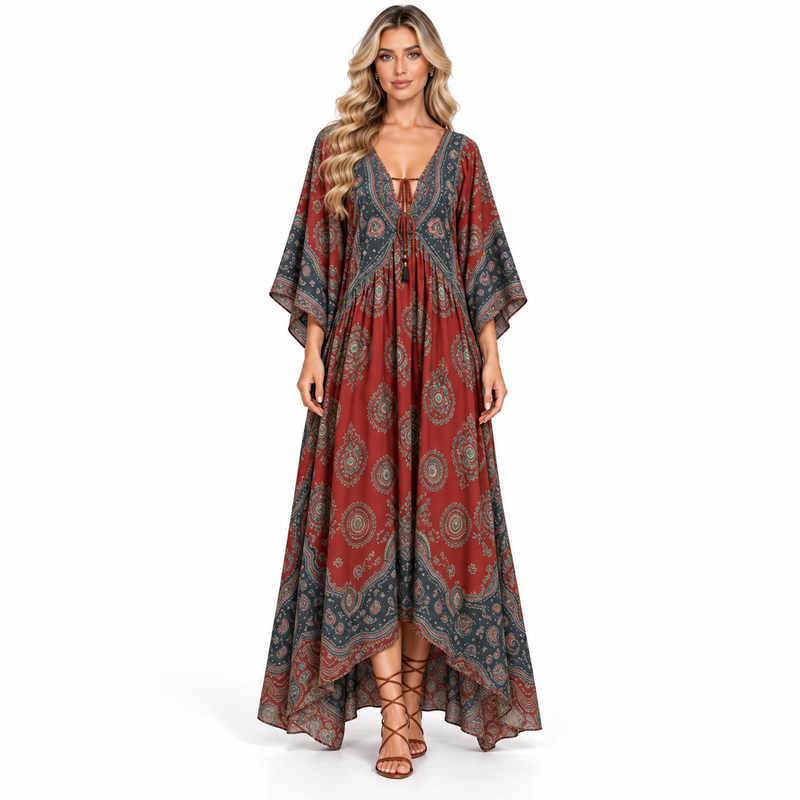 Rust Red Paisley Print Modern Kaftan-1