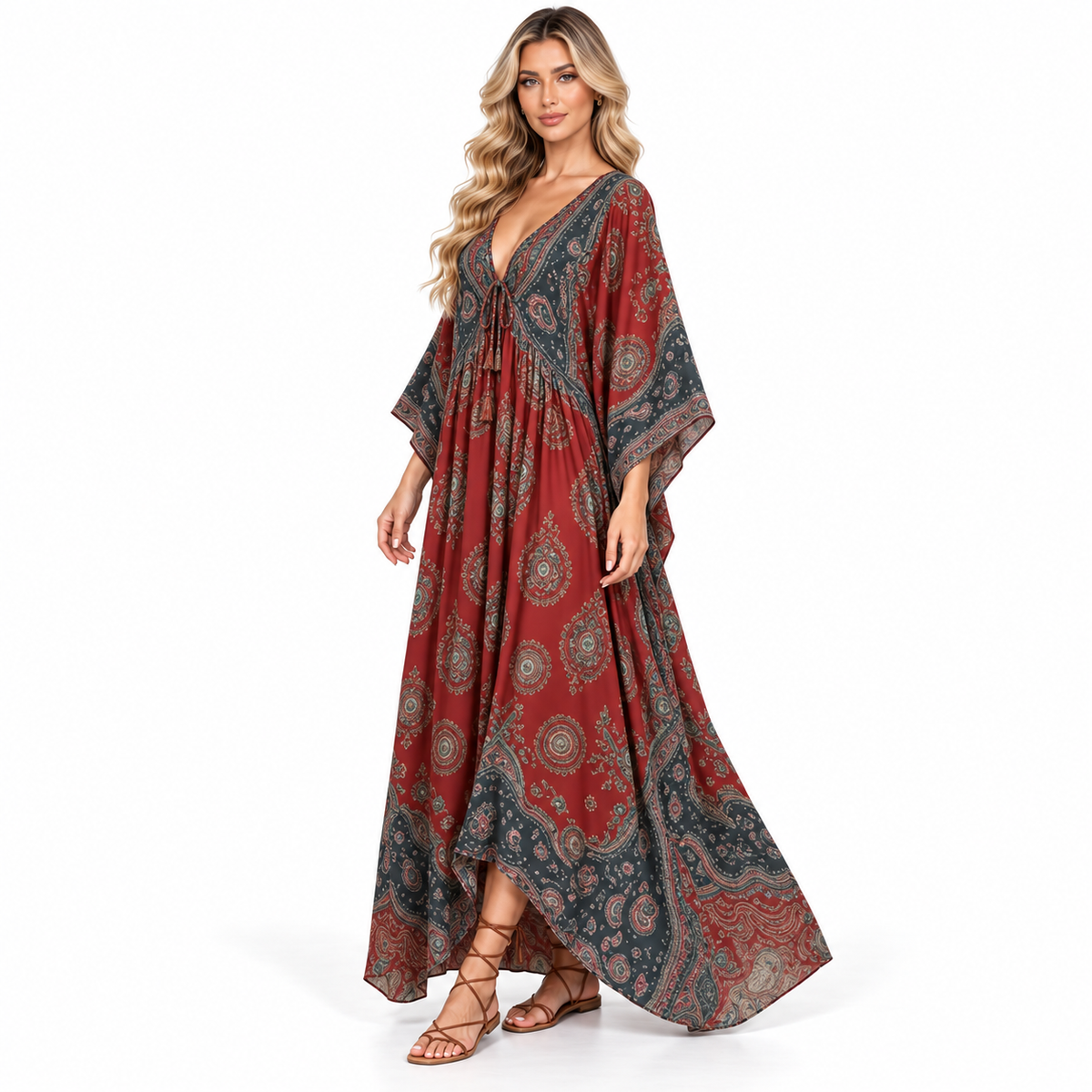 Rust Red Paisley Print Modern Kaftan-2