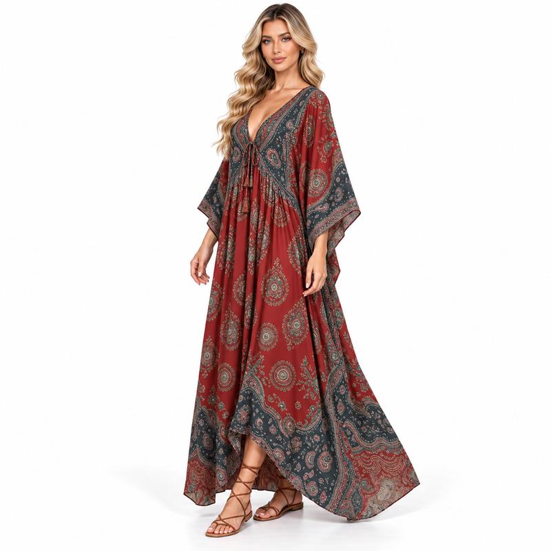 Rust Red Paisley Print Modern Kaftan-2