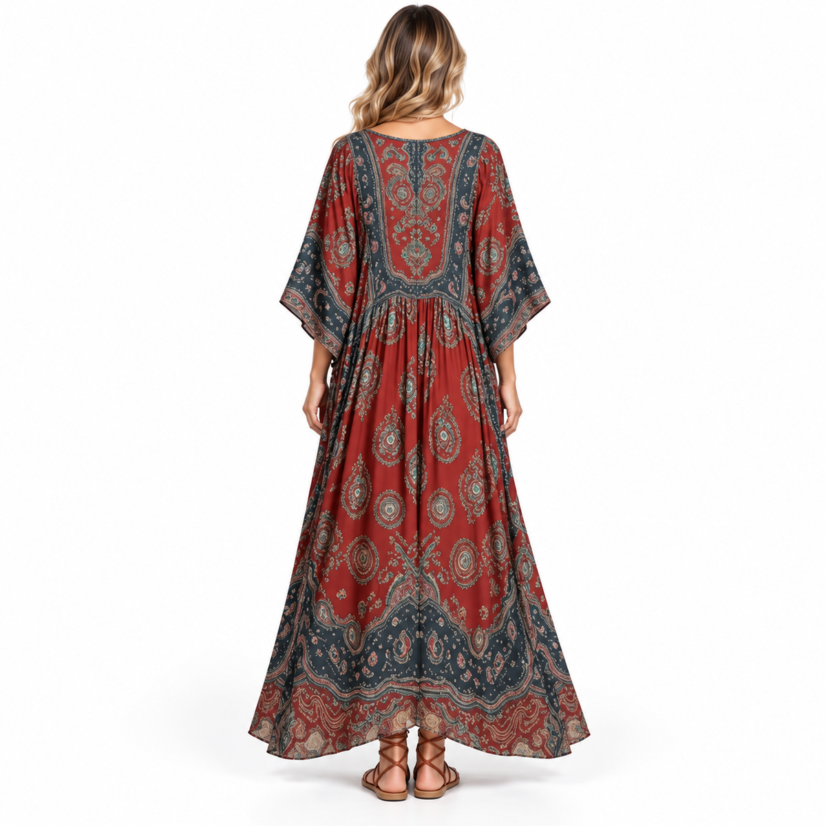 Rust Red Paisley Print Modern Kaftan-4