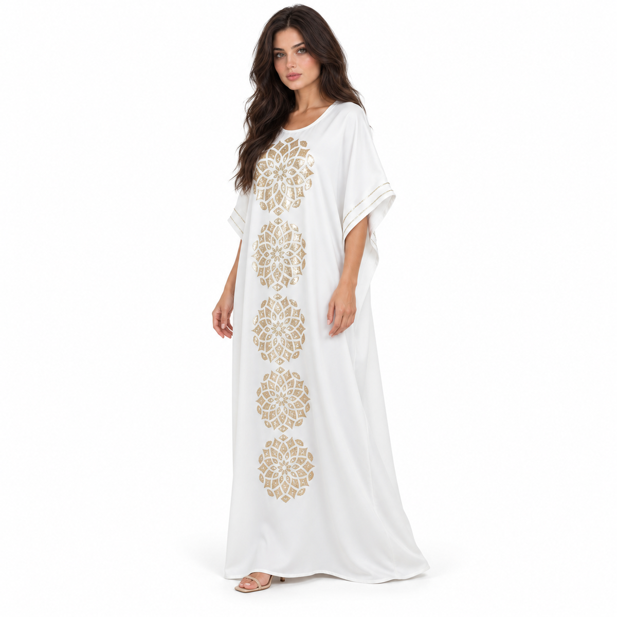 Elegant Gold Floral Embroidered White Kaftan-2