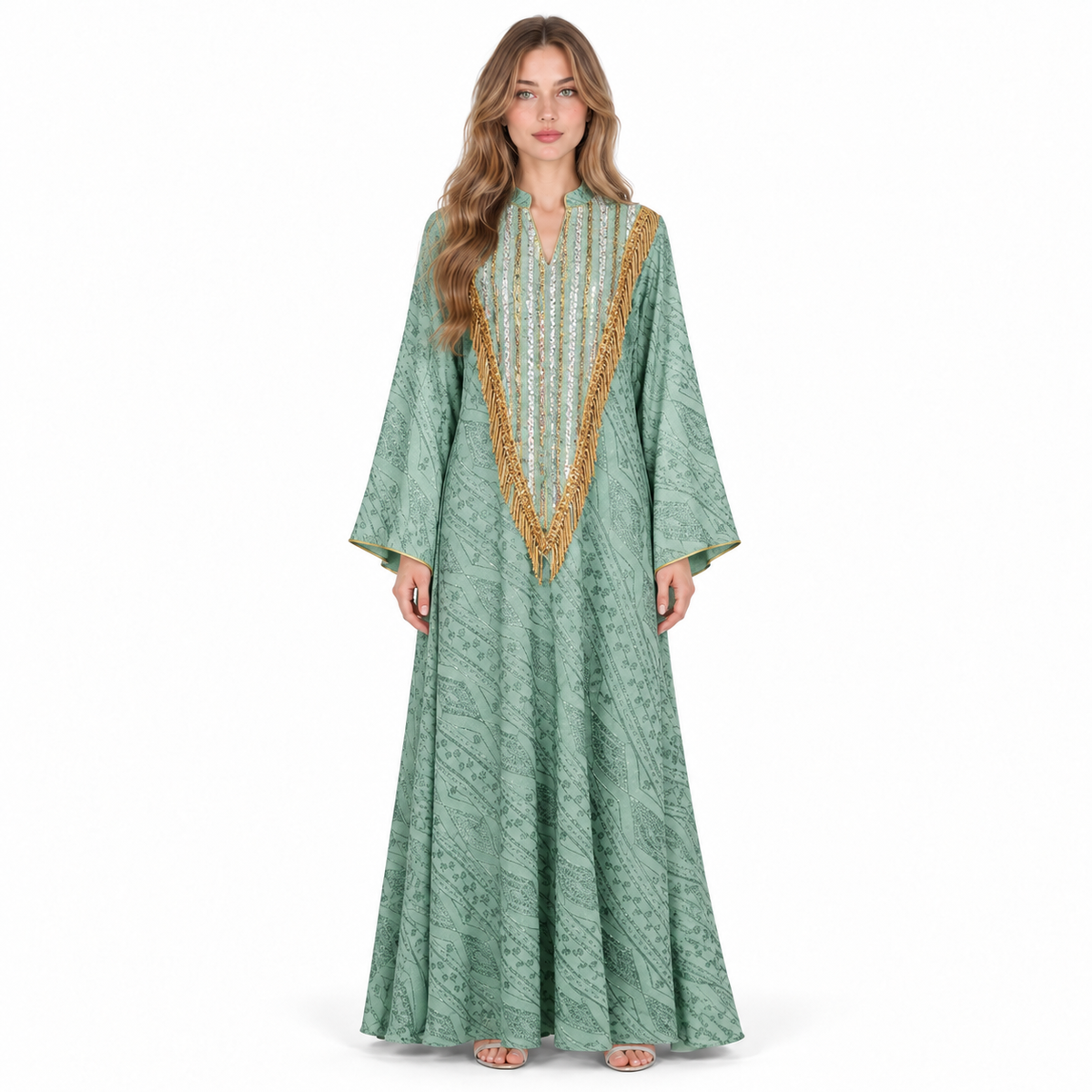 Elegant Mint Green Gold Sequin Kaftan-1