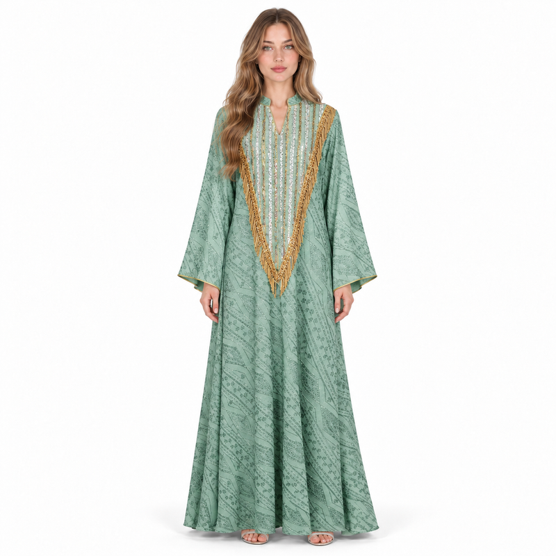 Elegant Mint Green Gold Sequin Kaftan-1