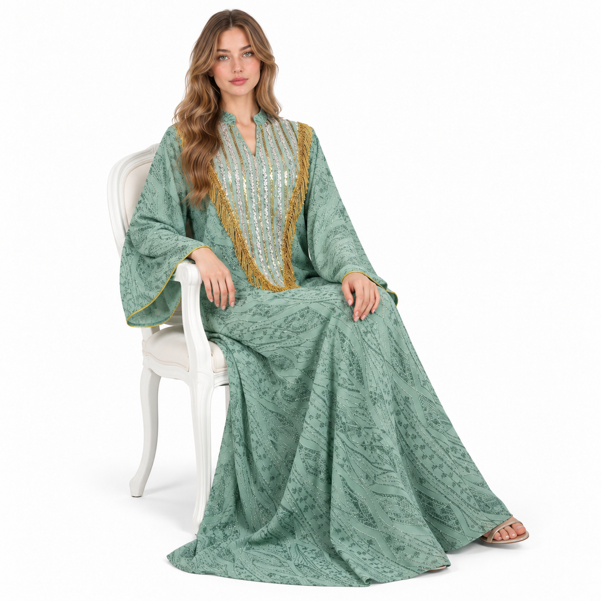 Elegant Mint Green Gold Sequin Kaftan-3