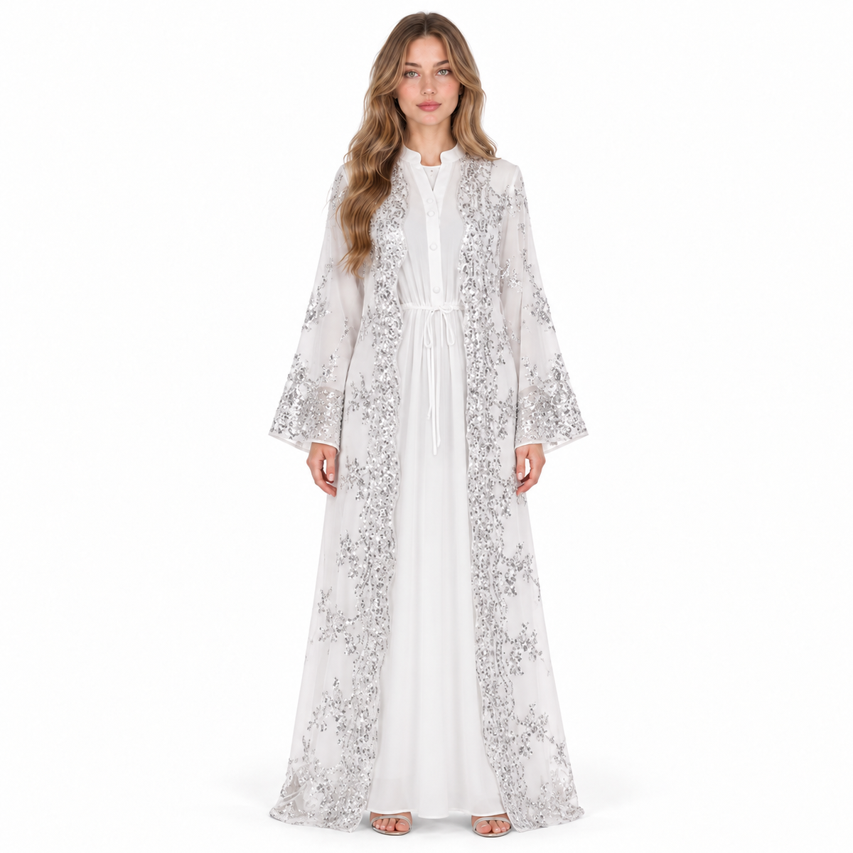 Elegant White Silver Embroidered Sequin Kaftan-1