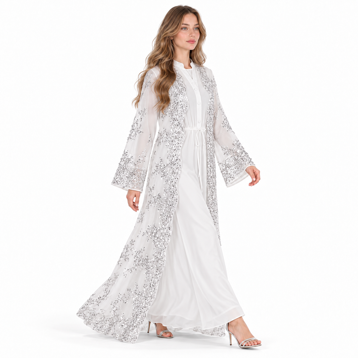 Elegant White Silver Embroidered Sequin Kaftan-3