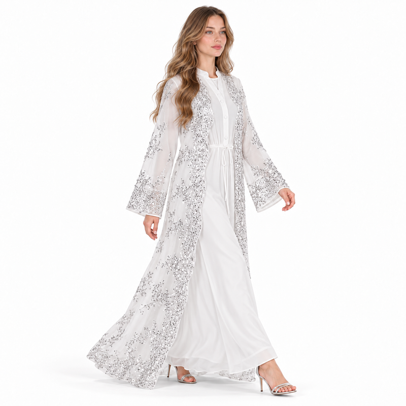 Elegant White Silver Embroidered Sequin Kaftan-3