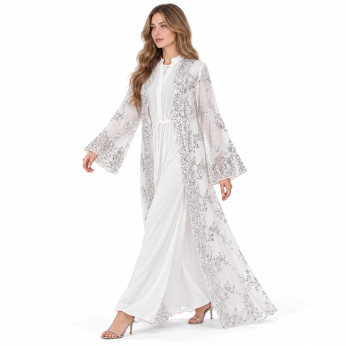 Elegant White Silver Embroidered Sequin Kaftan-2