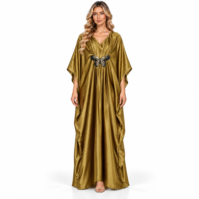 Modern Kaftan Golden Butterfly Satin Dress-1