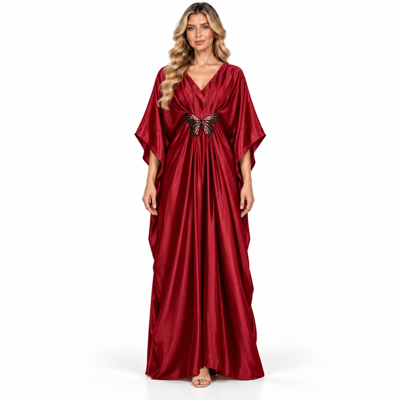 Modern Kaftan Elegant Burgundy Satin Dress-1