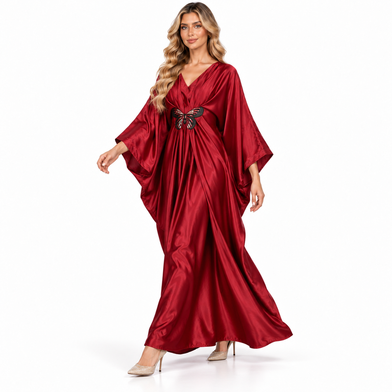 Modern Kaftan Elegant Burgundy Satin Dress-3