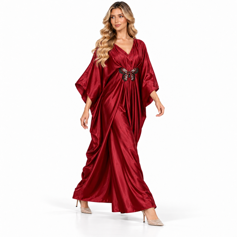 Modern Kaftan Elegant Burgundy Satin Dress-2