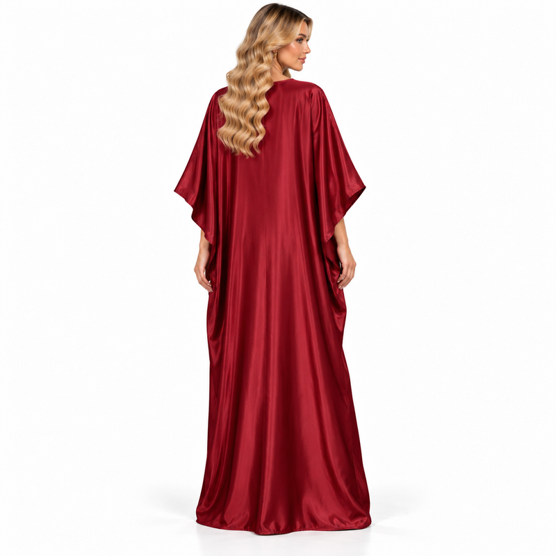 Modern Kaftan Elegant Burgundy Satin Dress-4