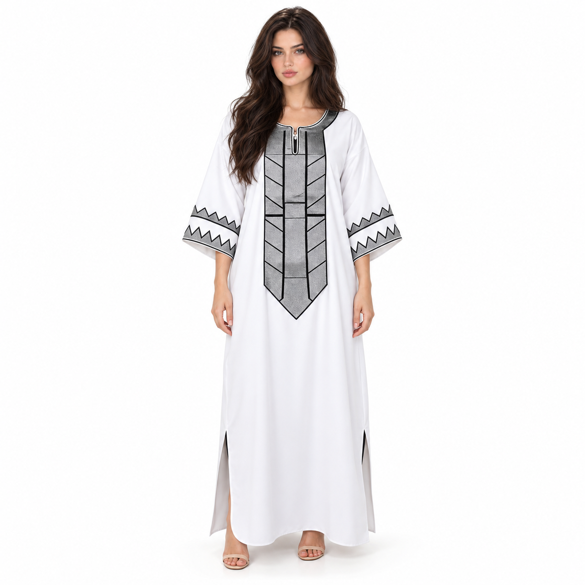 White Kaftan With Elegant Geometric Embroidery-1
