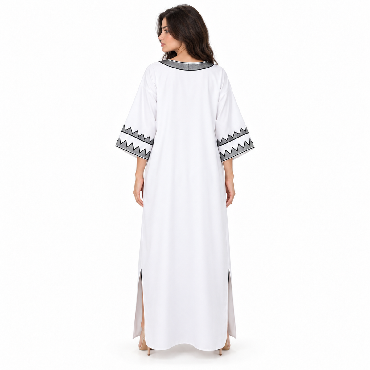 White Kaftan With Elegant Geometric Embroidery-4