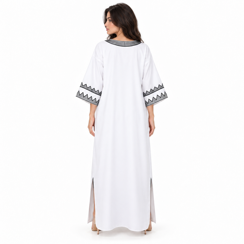 White Kaftan With Elegant Geometric Embroidery-4