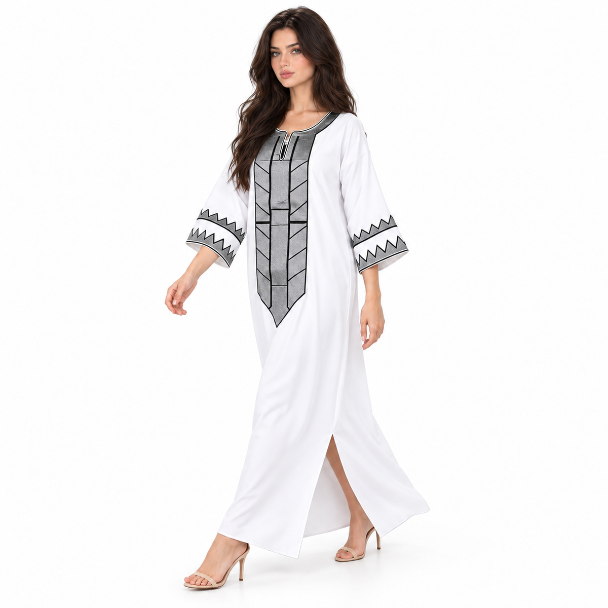 White Kaftan With Elegant Geometric Embroidery-3