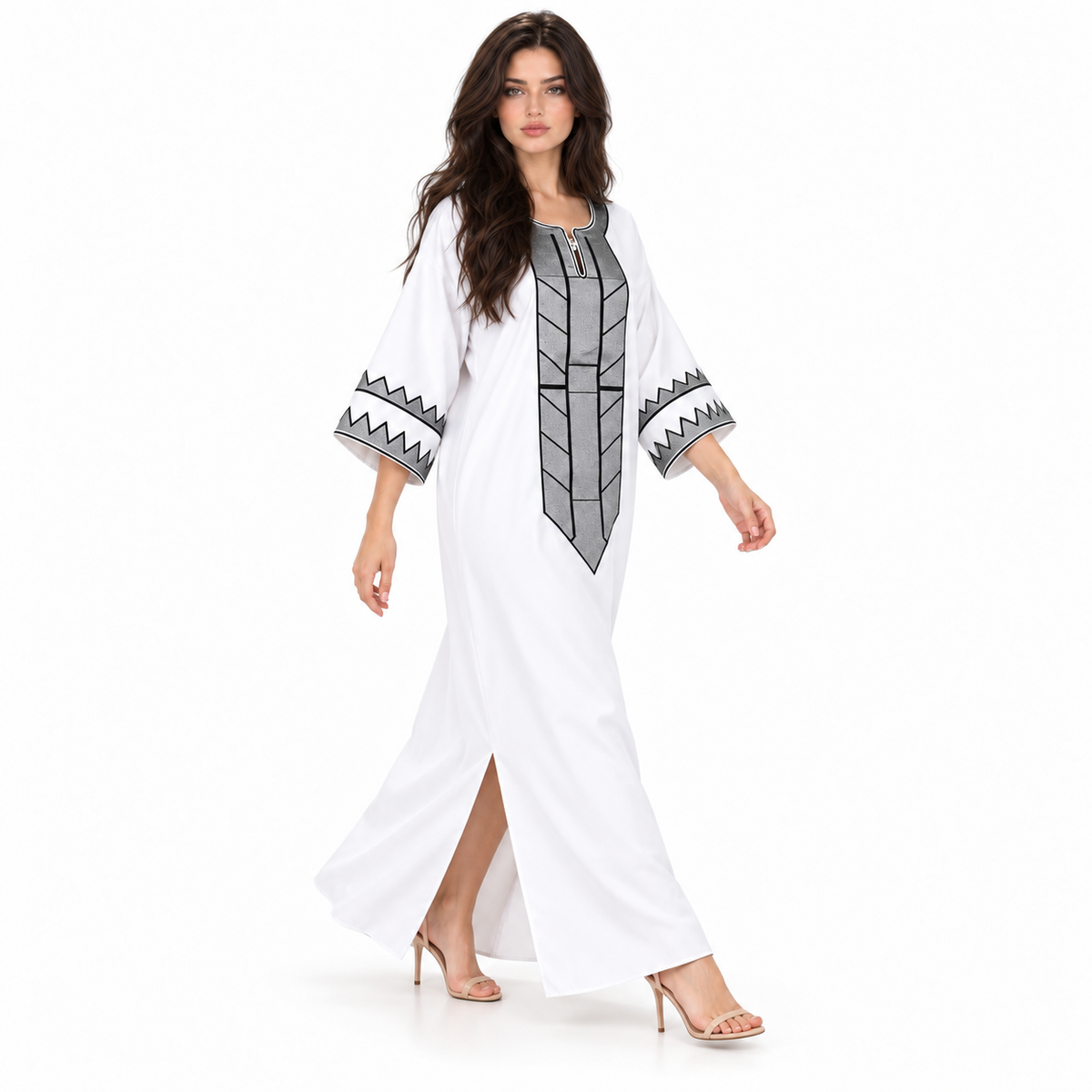 White Kaftan With Elegant Geometric Embroidery-2